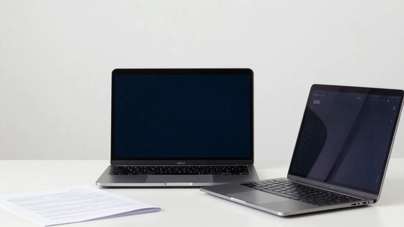 Placeholder everyday business setting with a laptop and printed documents on a desk, soft daylight, navy and white palet