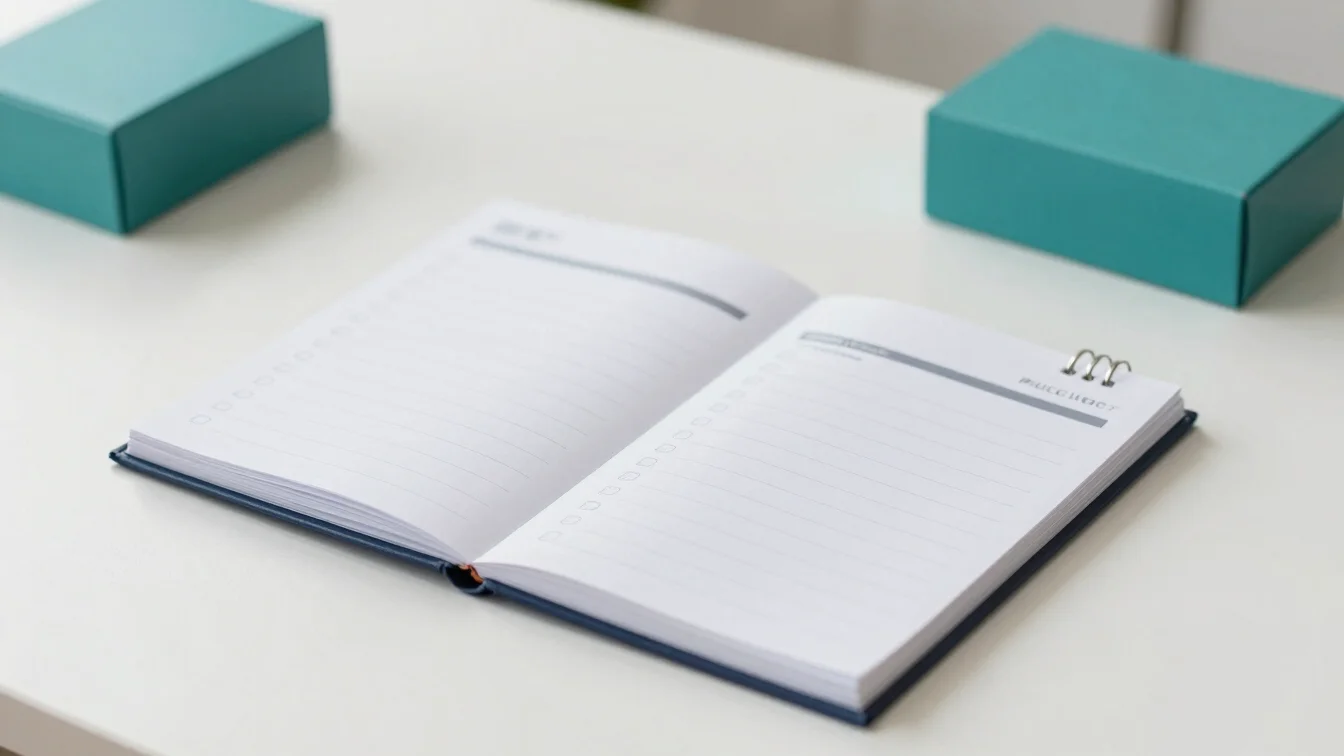 Placeholder neutral desk scene with a schedule planner and a sample box, soft natural daylight, teal accents, no visible