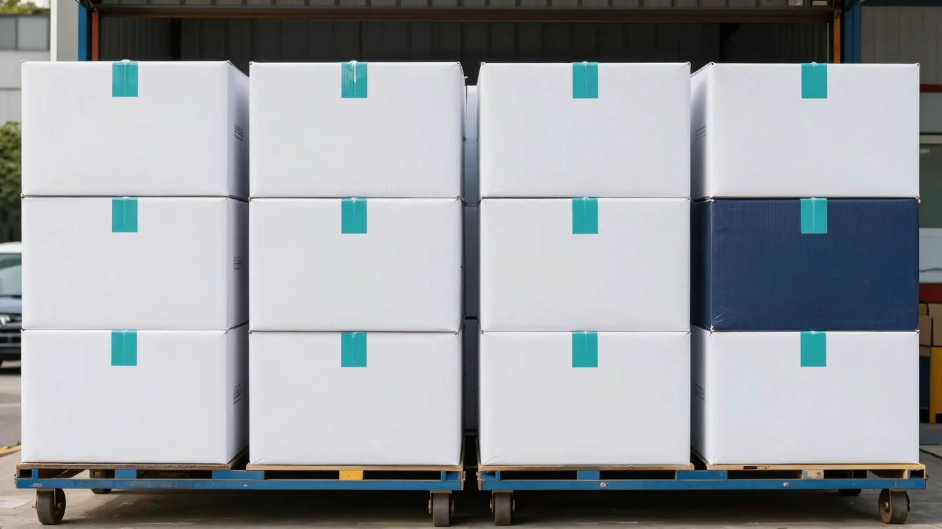 Placeholder everyday logistics context with stacked shipping cartons on a loading area, soft daylight, uncluttered frami
