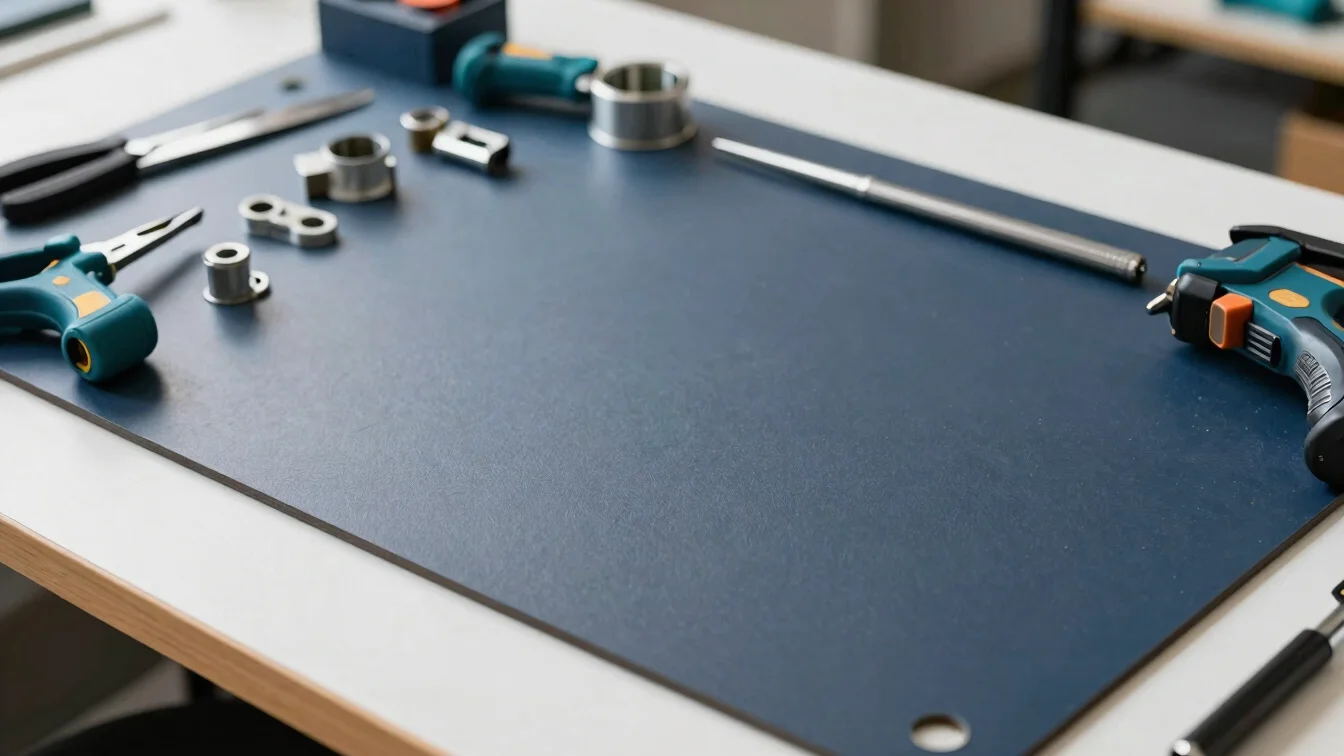 Placeholder: hand tools and hardware fittings laid out on a navy-