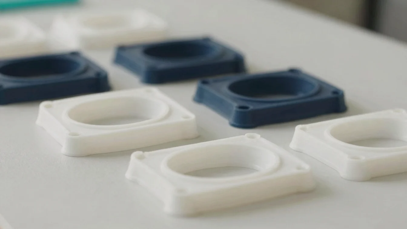 Placeholder: molded plastic products on a neutral surface, close