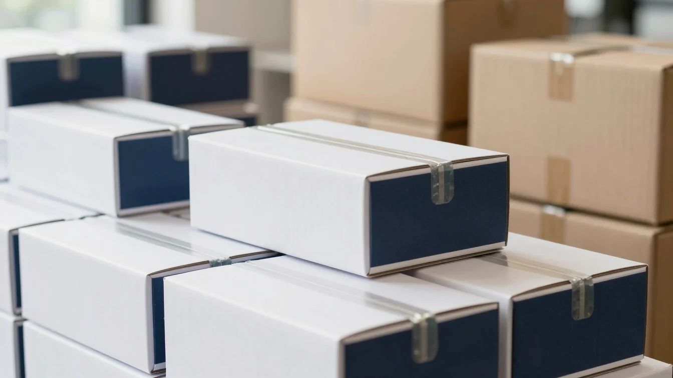 Placeholder: packaging boxes and cartons stacked neatly, soft nat