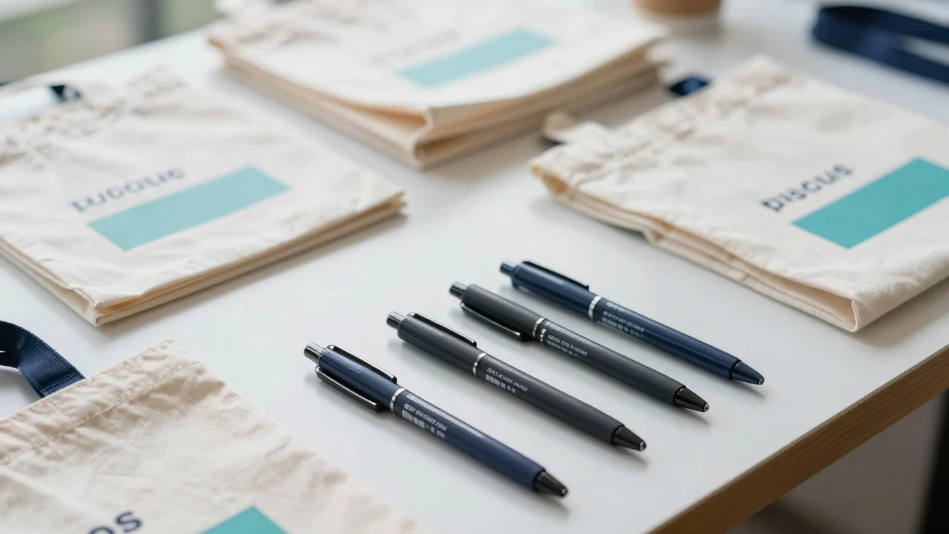 Placeholder: promotional items such as branded pens and tote bags