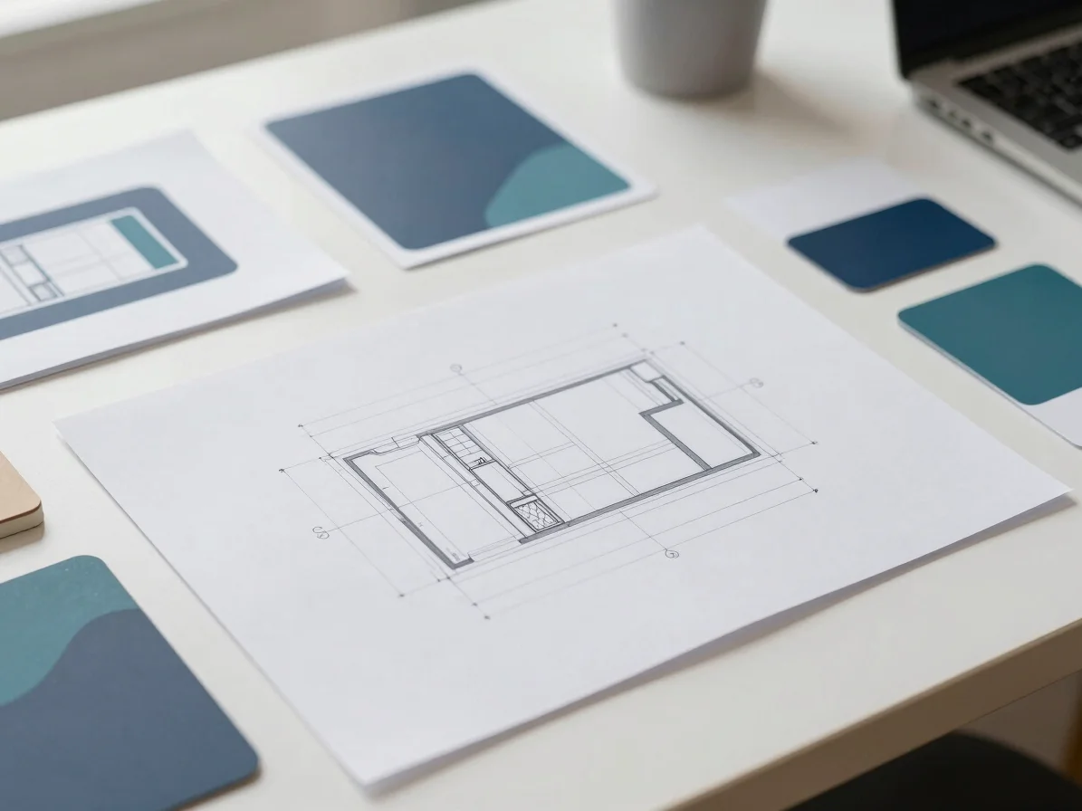Placeholder: technical drawing and product sample on a desk, soft